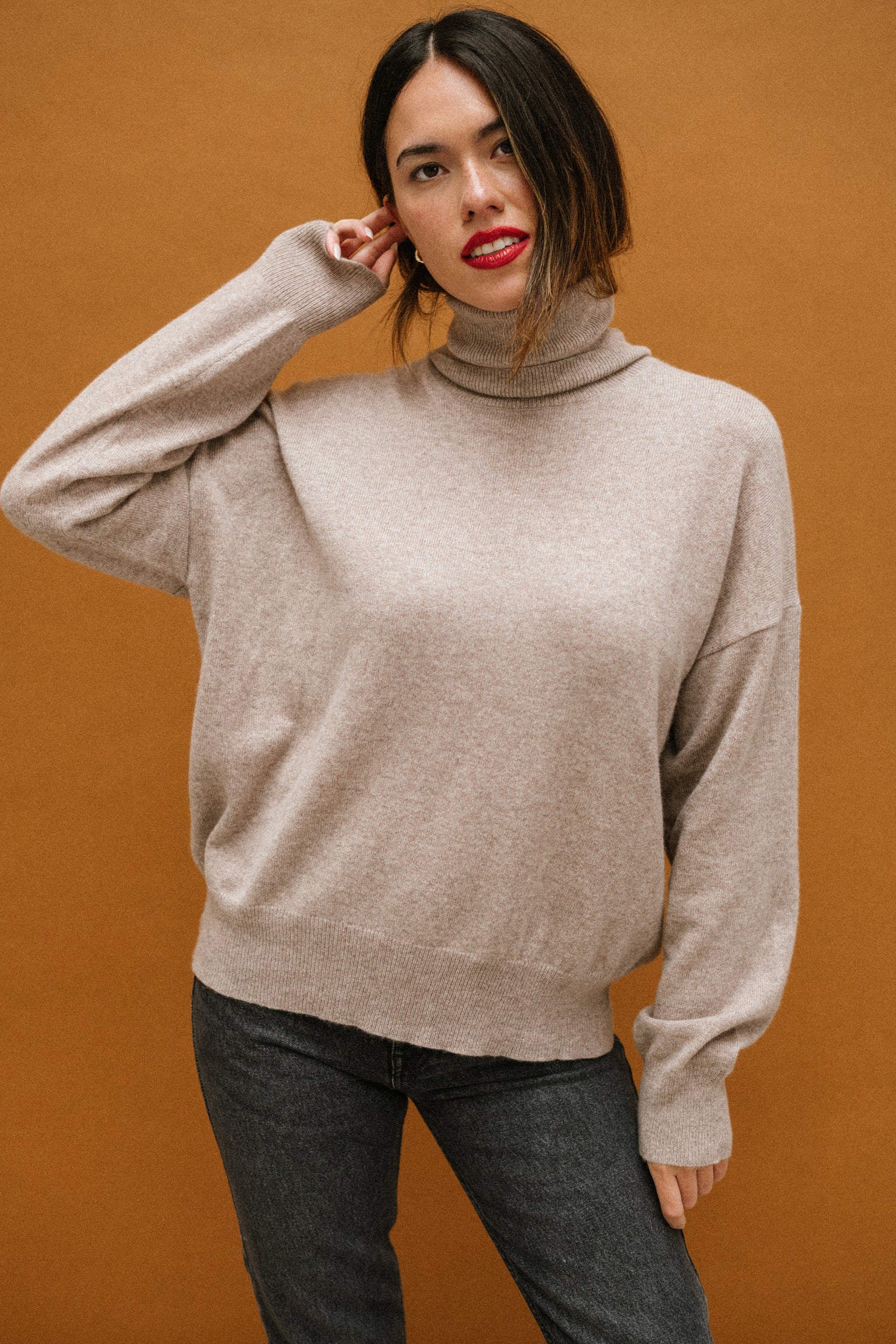 Cachemire Pull Col Boutonné Cachemire Col Roule Marron Poncho